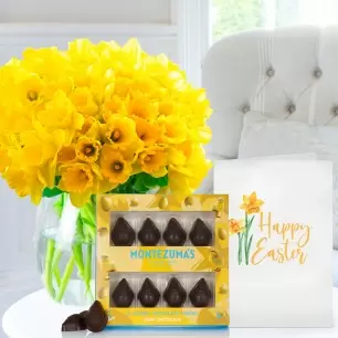 100 Daffodils, Easter Dark Chocolate Chicks (90g) & Happy Easter Card