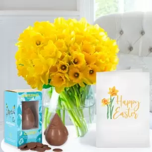 100 Daffodils, Easter Milk Chocolate Chick & Buttons (100g) & Happy Easter Card
