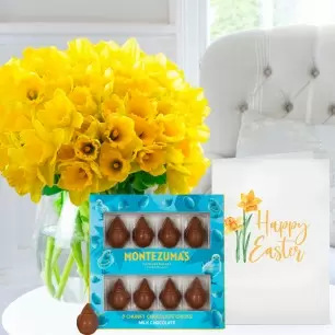 100 Daffodils, Easter Milk Chocolate Chicks (90g) & Happy Easter Card