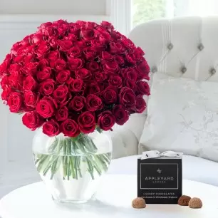 100 Luxury Red Roses & 12 Mixed Truffles