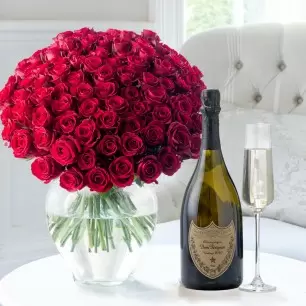 100 Luxury Red Roses & Dom Perignon
