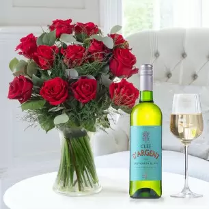 12 Large Headed Red Roses & Clef D'Argent Sauvignon Blanc (75cl)