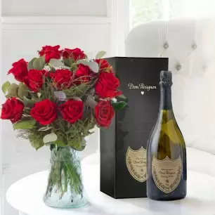 12 Large Headed Red Roses & Dom Pérignon