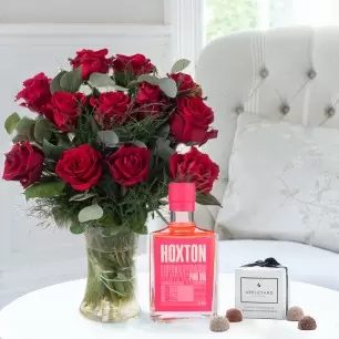 12 Large Headed Red Roses, Hoxton Pink Gin & 6 Mixed Truffles