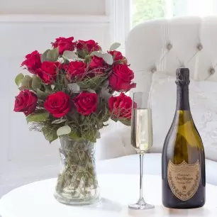 12 Large Headed Red Roses & Dom Pérignon