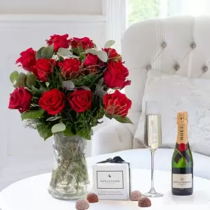 12 Opulent Red Roses, Mini Moët & 6 Mixed Truffles