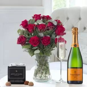 12 Opulent Red Roses, Veuve Clicquot & 12 Mixed Truffles