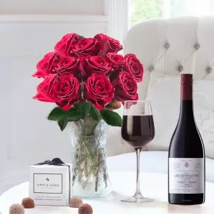 12 Red Roses, Les Peyrautins Pinot Noir & 6 Mixed Truffles