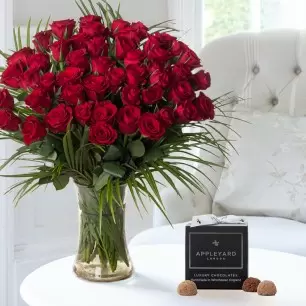 50 Luxury Red Roses & 12 Mixed Truffles