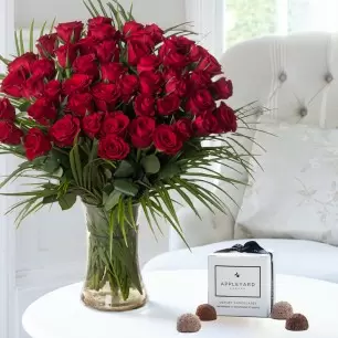 50 Luxury Red Roses & 6 Mixed Truffles