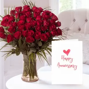 50 Luxury Red Roses & Anniversary Gift Card