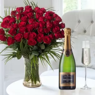50 Luxury Red Roses & Champagne Dericbourg