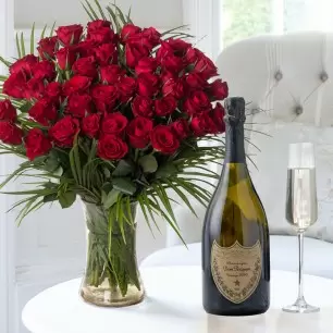 50 Luxury Red Roses & Dom Perignon