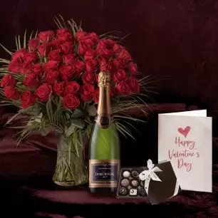 50 Luxury Red Roses, Champagne, Box of 9 Chocolates & Card