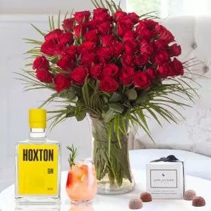 50 Luxury Red Roses, Hoxton Tropical Gin & 6 Mixed Truffles