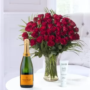 50 Luxury Red Roses, Veuve Clicquot & NEOM Real Luxury Magnesium Body Butter