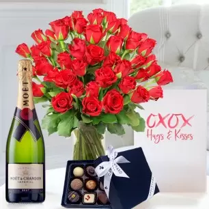 50 Red Roses, Champagne, Box of 9 Chocolates & Romance Card