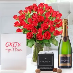 50 Red Roses, Dericbourg Champagne, 12 Mixed Truffles & Romance Card