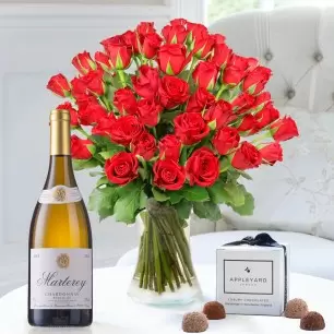 50 Red Roses, Marterey Chardonnay & 6 Mixed Truffles
