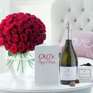 50 Red Roses, Prosecco, 6 Mixed Truffles & Romance Gift Card