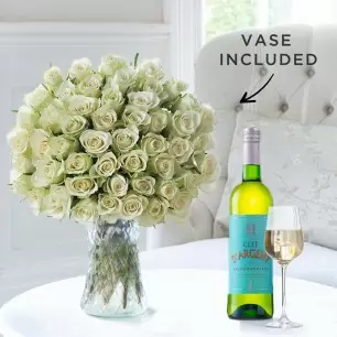50 White Roses, Vase & Clef d'Argent Sauvignon Blanc 
