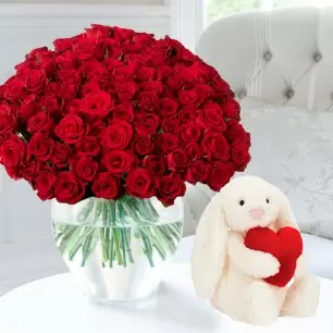 100 Luxury Red Roses & Jellycat® Bashful Red Love Heart Bunny (18cm)