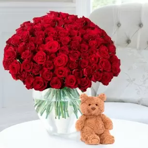 100 Luxury Red Roses & Jellycat® Bartholomew Bear (16cm)