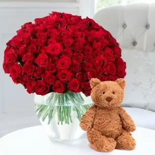 100 Luxury Red Roses & Jellycat® Bartholomew Bear (28cm)