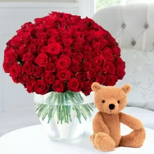 100 Luxury Red Roses & Jellycat® Rufus Bear