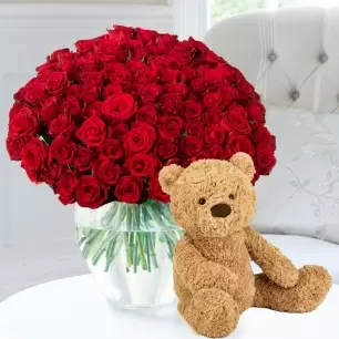 100 Luxury Red Roses & Jellycat® Bumbly Bear