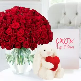 100 Luxury Red Roses, Jellycat® Bashful Red Love Heart Bunny (18cm) & Romance Card