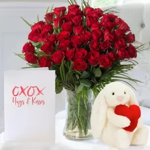 50 Luxury Red Roses, Jellycat® Bashful Red Love Heart Bunny (18cm) & Romance Card