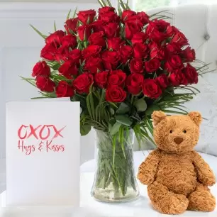 50 Luxury Red Roses, Jellycat® Bartholomew Bear (28cm) & Romance Card 