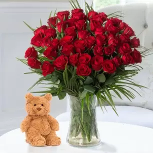 50 Luxury Red Roses & Jellycat® Bartholomew Bear (16cm)