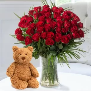 50 Luxury Red Roses & Jellycat® Bartholomew Bear (28cm)
