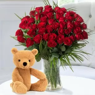 50 Luxury Red Roses & Jellycat® Rufus Bear (29cm)