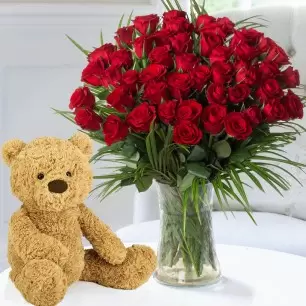 50 Luxury Red Roses & Jellycat® Bumbly Bear (38cm)