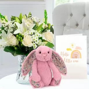Simply White Rose & Lily, Jellycat® Pink Blossom Bunny & New Baby Card