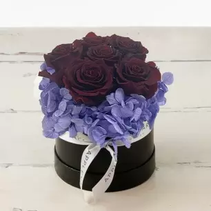 Burgundy Rose & Lavender Hydrangea Hatbox (Lasts Up To A Year)