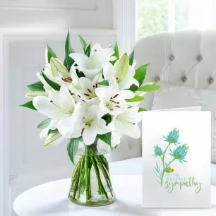 Casablanca Lily Bouquet, Vase & Sympathy Card