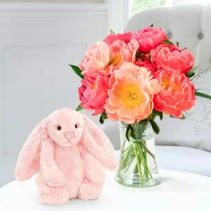 Coral Charm Peonies & Jellycat Pink Bunny (31cm)