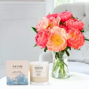 Coral Charm Peonies & NEOM Candle