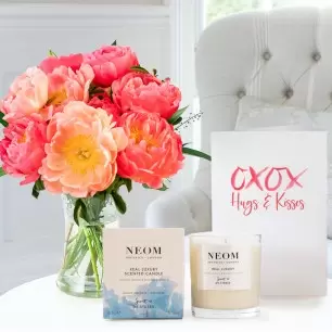 Coral Charm Peonies, NEOM Candle & Romance Card