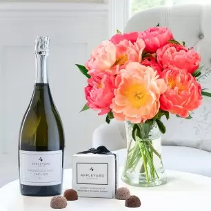 Coral Charm Peonies, Prosecco & 6 Mixed Truffles