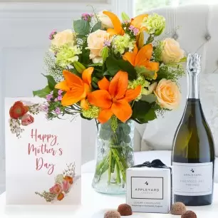 Coral Charm, Appleyard Prosecco, 6 Mixed Truffles & Mother's Day Card