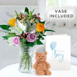 Glaze, Small Bartholomew Bear, Vase & New Baby Boy Card