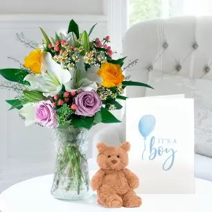 Glaze, Small Bartholomew Bear, Vase & New Baby Boy Card