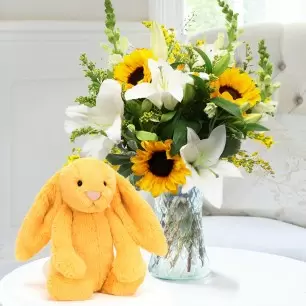 Golden Sunflowers & Jellycat Bashful Sunshine Bunny (31cm)