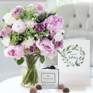 Lilac Rose & Peony, Vase, 6 Truffles & Birthday Card