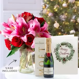 Magical Lily & Rose, Moët Half Bottle, Vase & Christmas Card